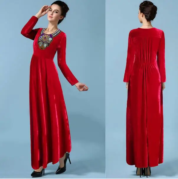 2017 вельветовые длинные платья с вышивкой и круглым вырезом для Mujer женские