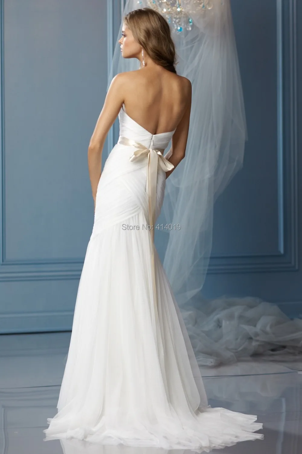 LD0369 Custom Made Crystals Sash Floor-length White Sexy Backless Bridal Gown Mermaid Wedding Dresses 2015 New Fashion_BRIDALK | Свадьбы и