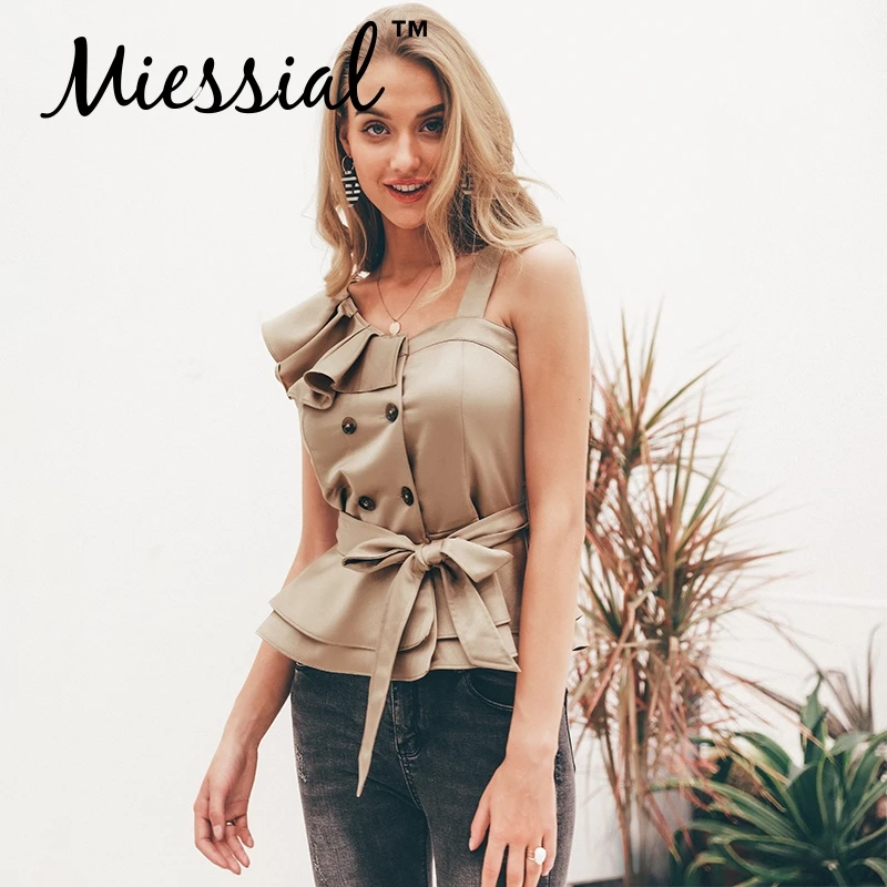 Miessial сексуальный топ на одно плечо женские топы зимние с рюшами поясом цвета хаки