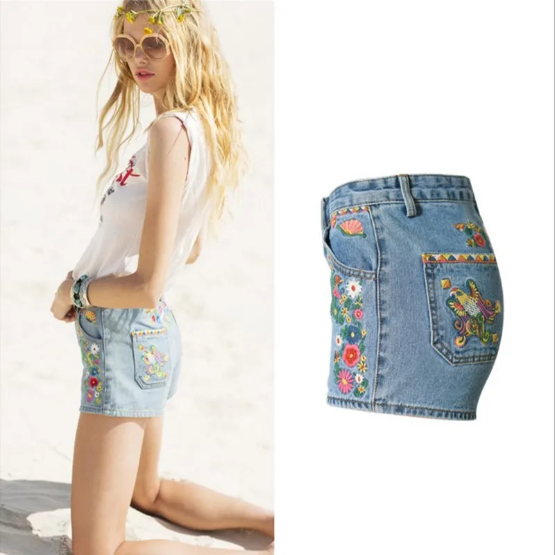 Джинсовые шорты с вышивкой в богемном стиле женские джинсовые высокой талией