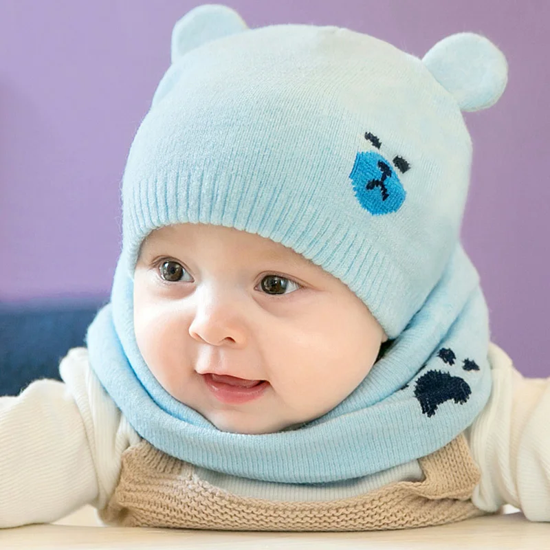 Blue hat and scarf Ideacherry/мужские домашние тапочки 2 шт./компл. зимняя детская одежда из хлопка для новорожденных, шляпа, шарф, костюм детские теплые вязанные шляпы для малышей с героями мультфильмов защищает шапки с ушками шапочка Шапки - Цвет: Blue hat and scarf