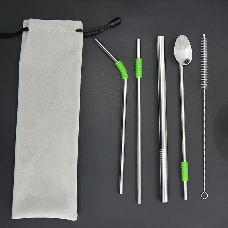 Reusable Metal Straw Straight Bent Spoon Cleaner Brush Stainless Steel Drinking Bag Set Bar Accessory | Дом и сад