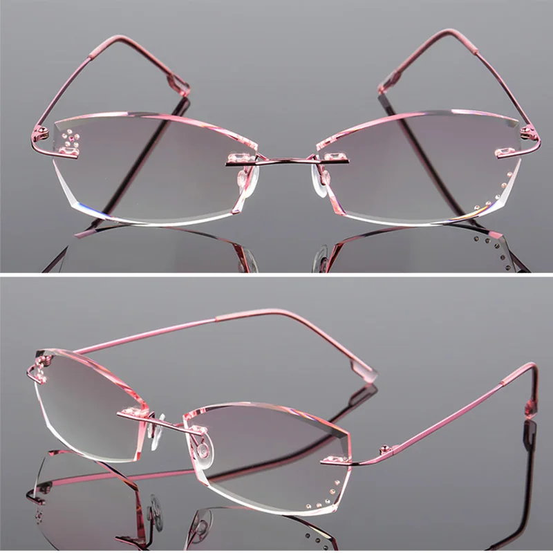 

High Clear Anti Reflective Rhinestone Reading Glasses Women Titanium Eyeglasses Diamond Cutting Rimless Presbyopic Eyewear