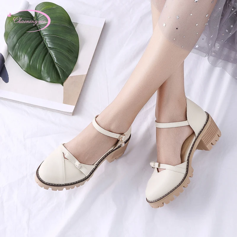 

Korean sweet style round toe summer sandals fashion bowknot buckle strap white beige pink thick high heel women's shoes