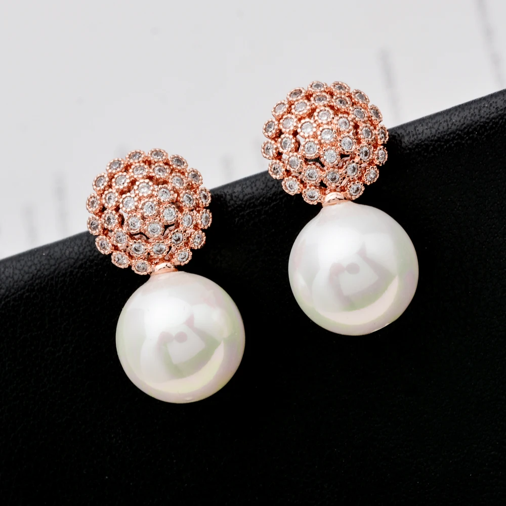 Luxurious round pearl miniature inlaid zircon ear studs Girls/women's party bridal jewelry earrings ER-276 | Украшения и