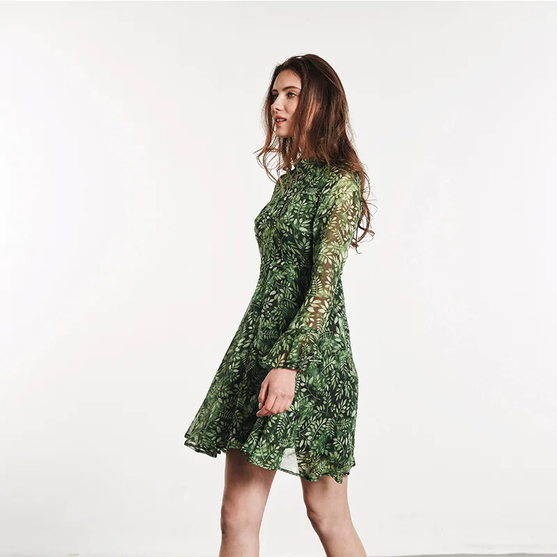 MECEBOM Women dresses summer fashion comfortable green long flare sleeve Leaves-print lady dress 216c | Женская одежда