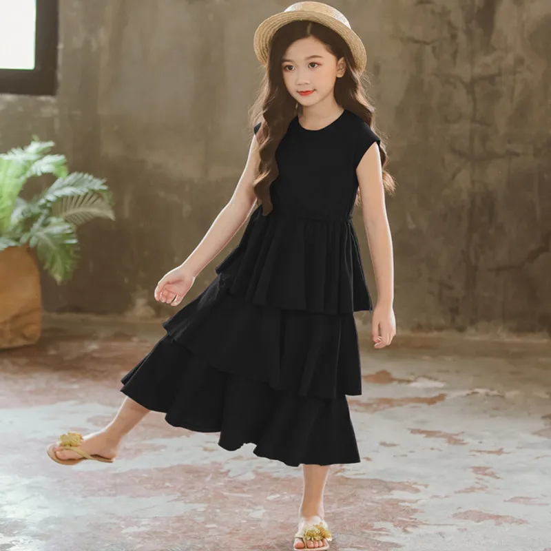 4 to 16 years kids &amp teenager girls solid black layered ruffle flare long dress children fashion summer casual maxi dresses | Детская