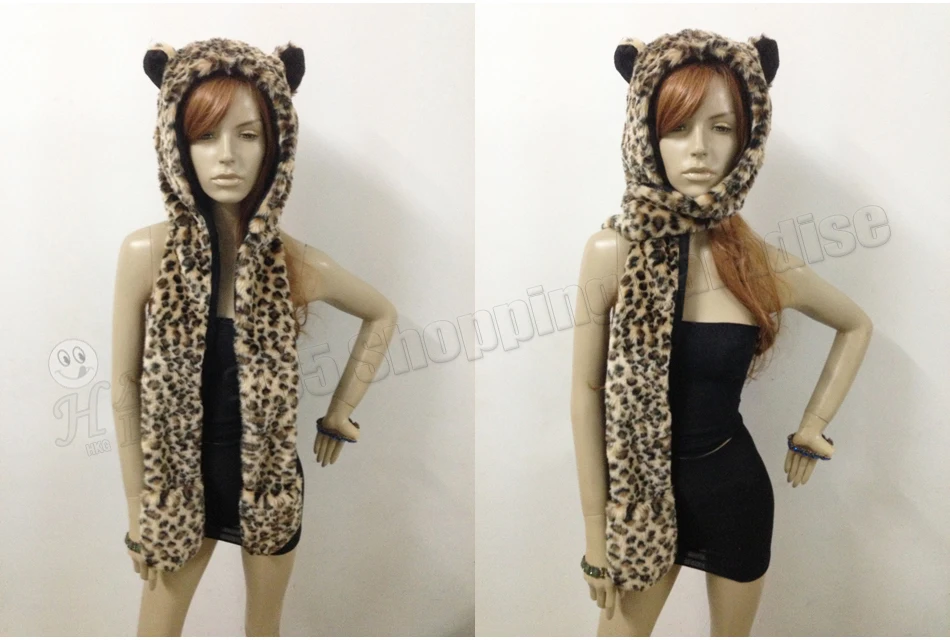 1 шт./лот Модные леопардовые полный животных капюшон Hoddie Hat искусственный мех с