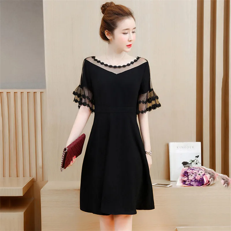 Женское облегающее платье с коротким рукавом черное Сетчатое большого размера