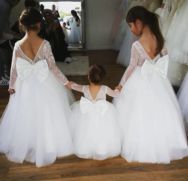 Pure White Tulle Lace First Communion Gowns with Bow Backless Custom Made Flower Girl Dresses For Wedding Girls Parties Vestidos | Детская