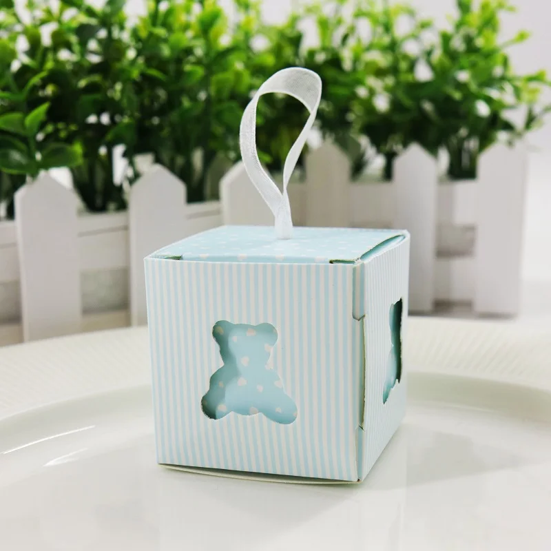 Blue 10 шт./лот, розовые/синие полые бумажные коробки с медведем, коробка для конфет, свадебные сувениры, подарок, милый держатель для вечеринки, дня рождения, для детского душа - Цвет: Blue