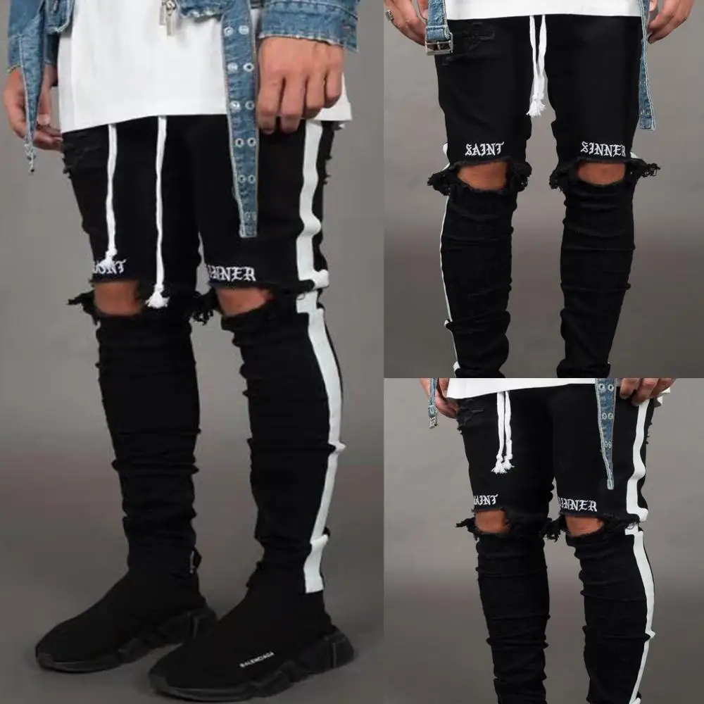 Новые мужские джинсы Pantalones уличные черные отверстия дизайнерские белые полосы