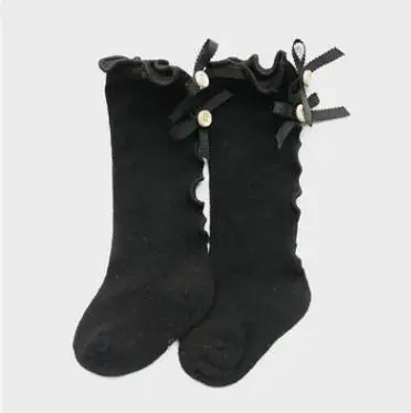 Black ear bow Носки для малышей с деревянными ушками и бантом для маленьких девочек брюки до колена для малышей хлопковые кружевные детские носки для девочек гетры для девочек Теплые носки на осень - Цвет: Black ear bow