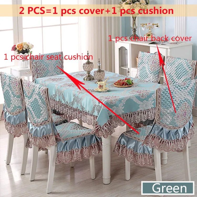 Green 2pcs Luxury Europe Table Cloth Satin Printed Lace Chair Cover Cushion Set Hotel Wedding Decorat Banquet Home Dinning Tablecloth Set - Цвет: Green 2pcs