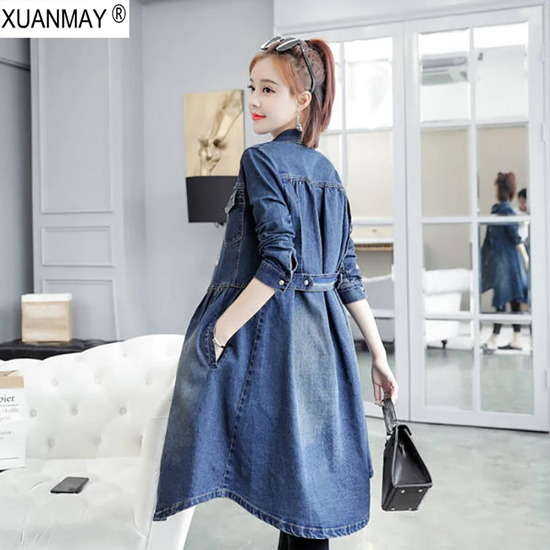 Женская джинсовая куртка Корейская длинная Стильная Повседневная темно синяя