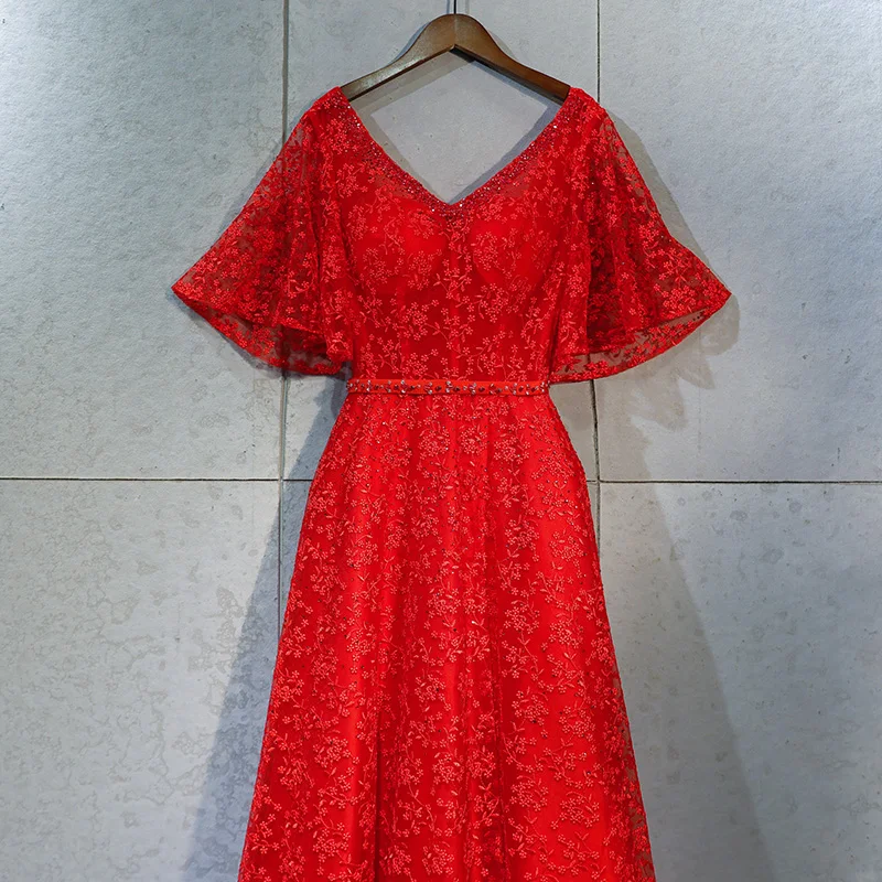 Sexy V-Neck Evening Dress Elegant Robe De Soiree A-line Short Sleeve Red Lace Dresses Long 2019 Vestido Festa |