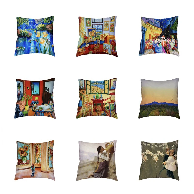 

Oil Painting Landscape Cushion Covers Sunflower Lotus Sunset Polyester Peach Skin Material Pillowcase Home Living Room 45*45 cm