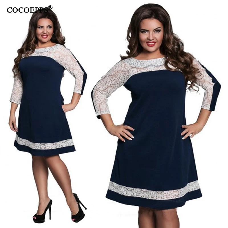 Платье женское кружевное большого размера с рукавом три четверти на осень и зиму