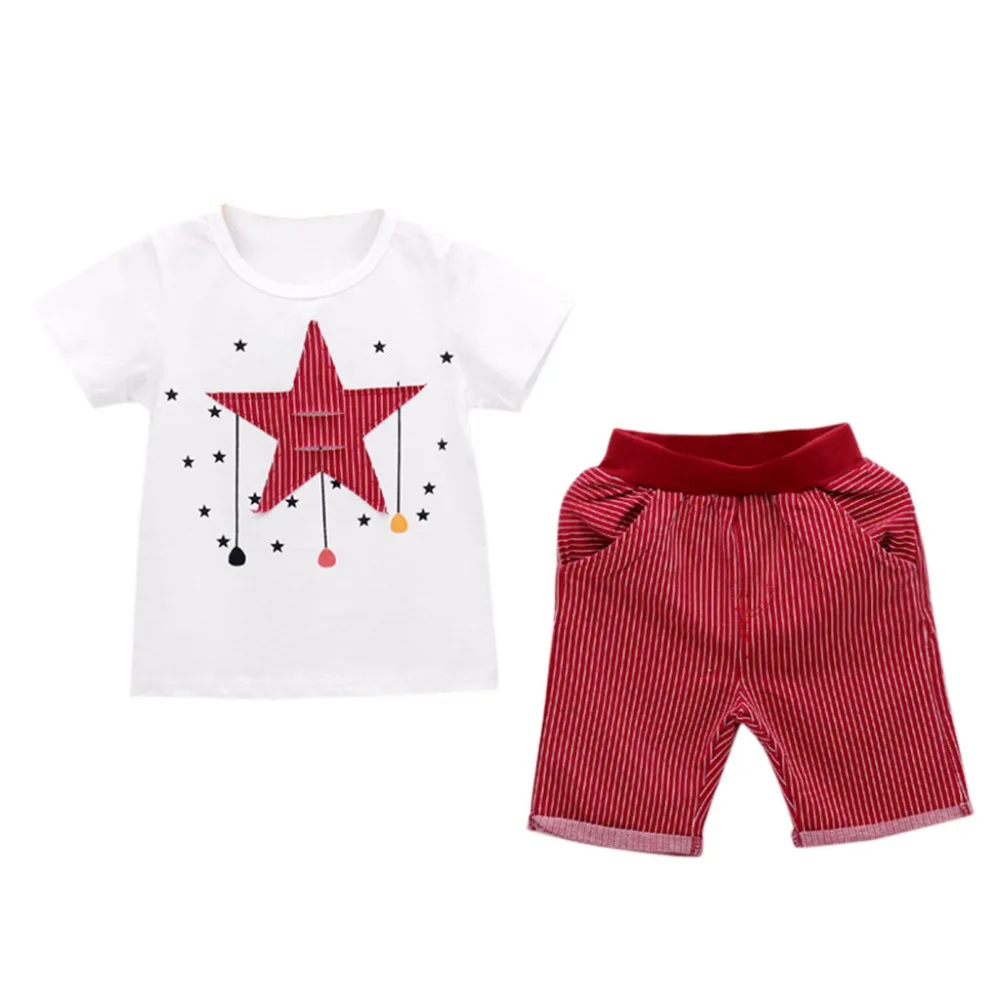Boys Clothes Short Sleeve Cotton Stars T-shirt Top+Stripe Shorts Set Roupa Infantil Summer Casual Baby For 2T-6T |