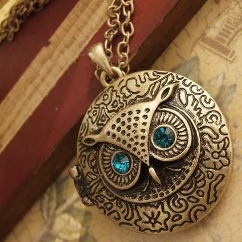 Vintage Bronze Green Eye Owl Open Photo Frame Setting Locket Pendant Necklaces Women Long Chains Sweather Pendants | Украшения и
