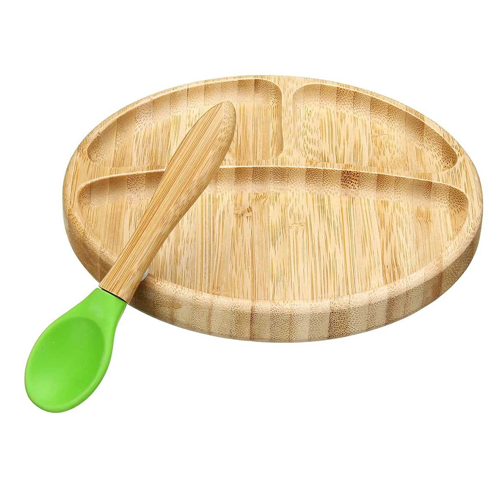 Green Plate Spoon Набор посуды для кормления детей, нескользящая миска на присоске, Детская бамбуковая пищевая Съемная обучающая термоизоляционная ложка - Цвет: Green Plate Spoon