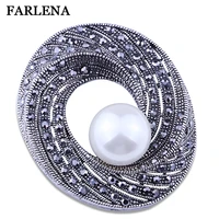 farlena jewelry black gun plated imitated pearl round pins and brooches vintage rhinestone brooch for women