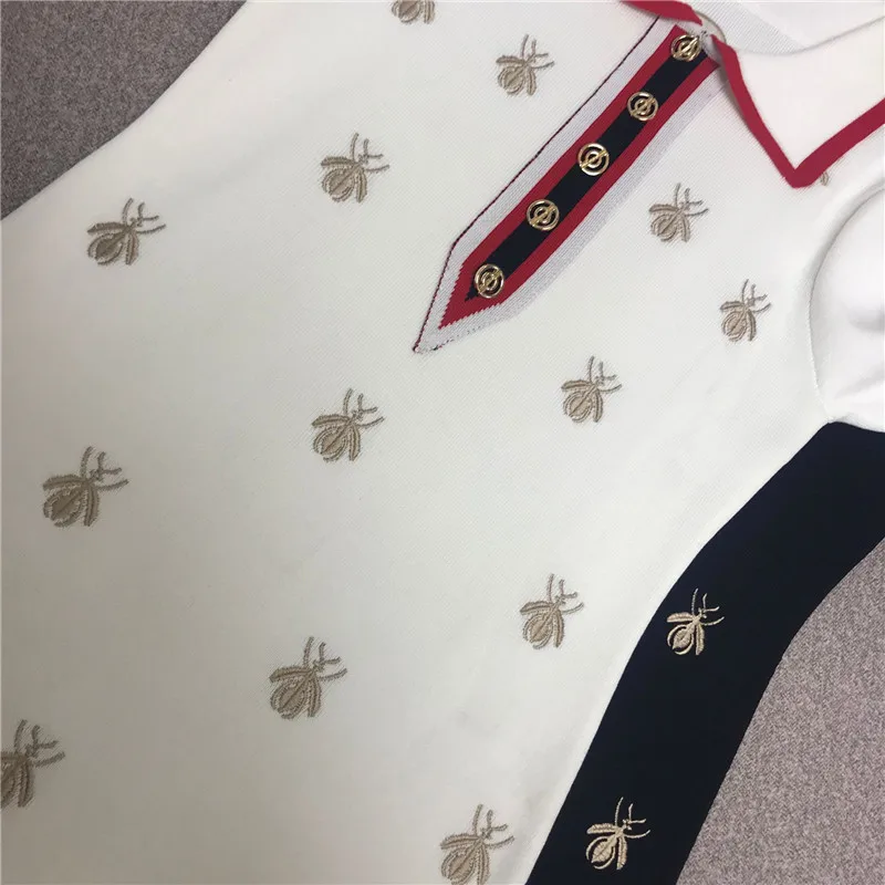 Роскошное дизайнерское Брендовое платье поло для женщин с отложным воротником и вышивкой в виде пчелы, вязаное платье черного и белого цвета