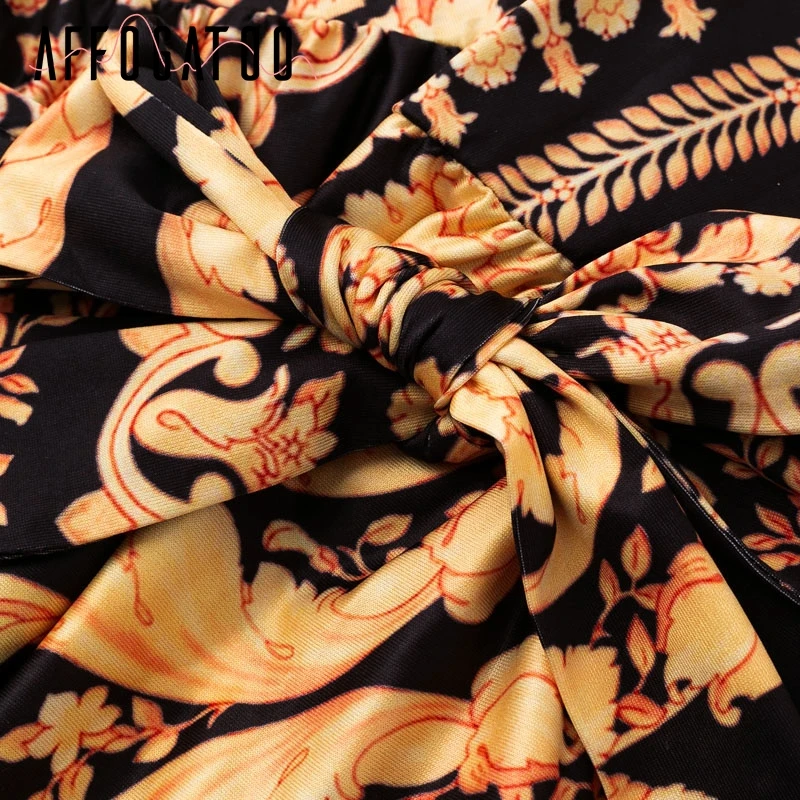 Affogatoo Vintage print gold summer long dress 2019 Elegant sleeve women V neck loose sexy party robe femme | Женская одежда