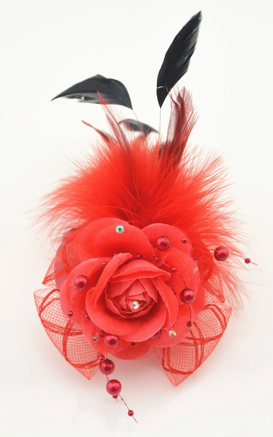 5Color Flower Feather Hair Clip Fascinator Party Headdress Dotted Mesh Accent Cocktail Accessoies on переводится как:Гламурный ободок на волосы с пятью цветами и перьями для вечеринок с украшением из точечной сетки и акцентами из пунктирной сетки в виде ц