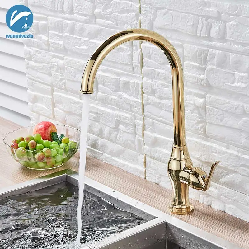 Золотой кухонный кран на бортике для ванной комнаты холодной и горячей воды 360