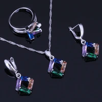 quadrilateral multigem multicolor cubic zirconia silver plated jewelry sets earrings pendant chain ring v0975