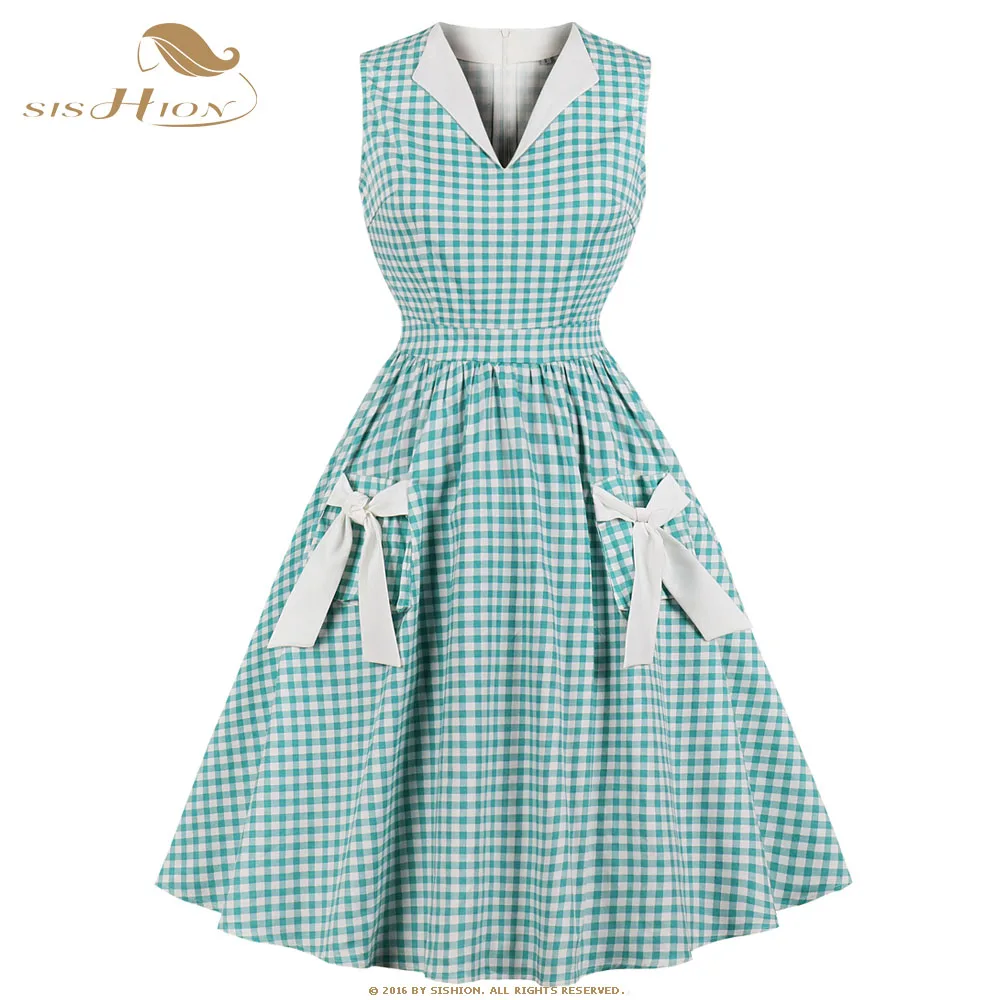 

SISHION 50s 60s Retro Hepburn Vintage Plaid Dress Women V-Neck Plus Size Cotton Rockabilly Dress With Pockets Bow VD0889