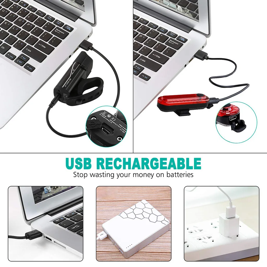 2 шт. яркий 350LM USB Перезаряжаемый водонепроницаемый набор фонариков для велосипеда 5 режимов Велоспорт передний свет+ 4 режима заднее освещение, аксессуары для велосипедов