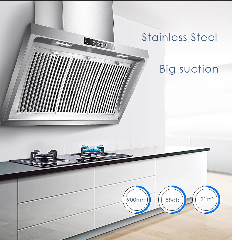 Household Range Hood Big Suction Wall Mounted Kitchen Ventilator Stainless Steel Smoke Exhaust Ventilator LED Light Kitchen Hood