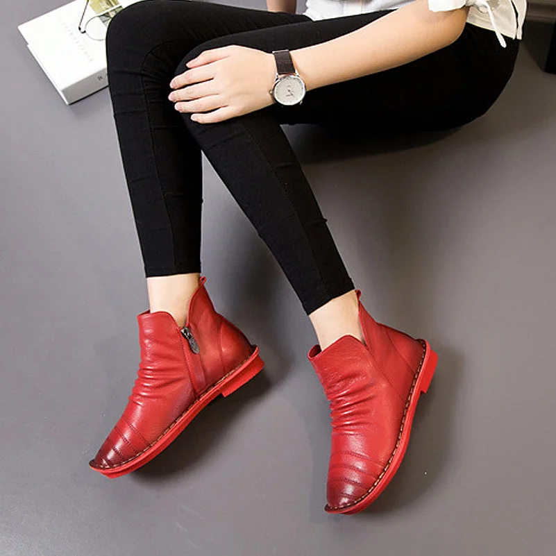 

SNURULAN Women Boots 2017 Spring Autumn Fashion Genuine Leather Zipper Ankle Boots Pleated Soft High TOP Casual Flat Shoes