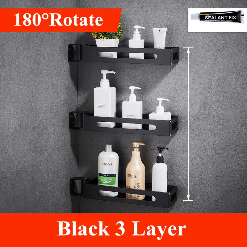 Black 3 Layer Ванная 1 \ 2 \ 3 ярусная черная стойка для специй, кухонная стойка для кладовой, органайзер, настенная, вращающаяся на 180 градусов угловая полка - Цвет: Black 3 Layer