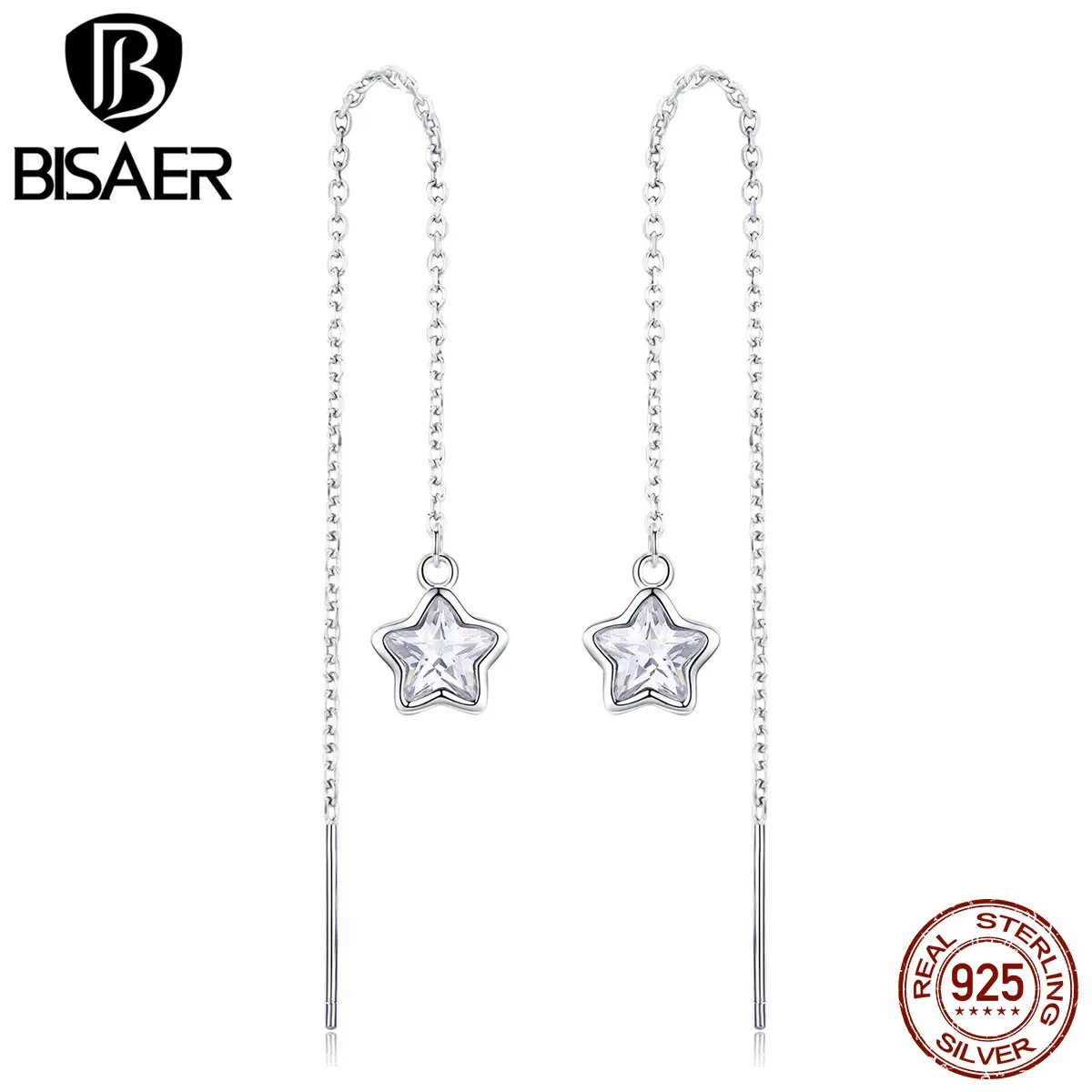 BISAER, серьги-капли из настоящего 925 пробы, серебряная звезда, для женщин, длинная цепочка, серьги в виде звезды, висячие серьги из стерлингового серебра, ювелирные изделия ECE470