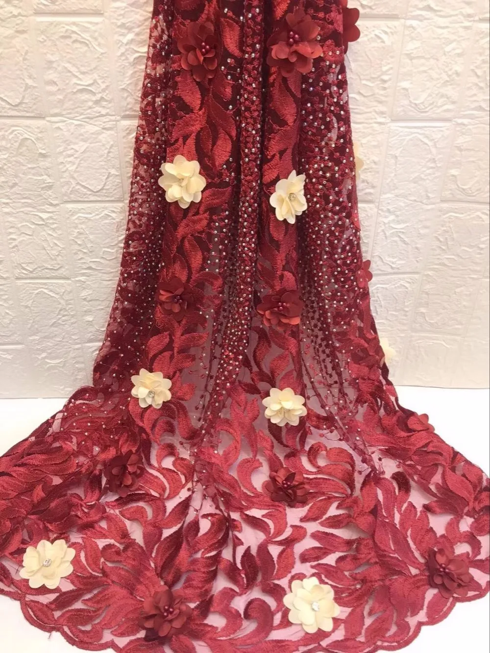 Beautifical вина 3d кружевной ткани с бисером объемный цветок вышитые кружевные
