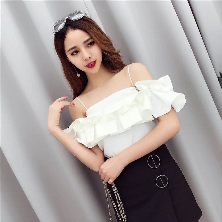 Женская шифоновая блузка Alphalmoda приталенная ярких цветов с оборками летние
