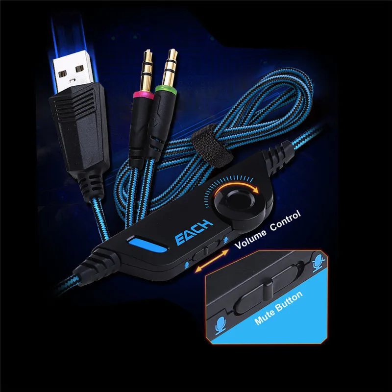 Стереогарнитура EACH G2000 с защитой от шума светящиеся наушники микрофоном USB + 3 5 мм