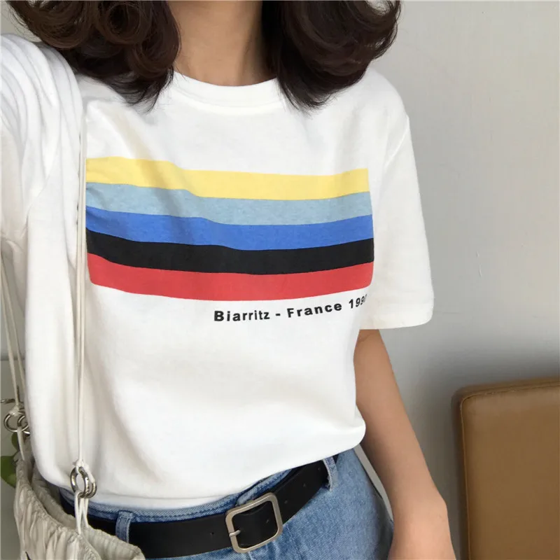 Для женщин 2018 футболки топы японский Kawaii дамы Ulzzang радуги полосы футболка с