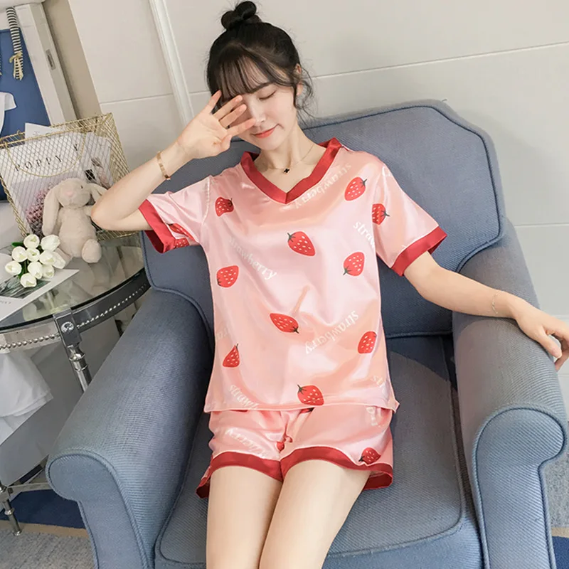 R Pajama girls summer ice silk short sleeves two pieces of suit Korean fresh sweet lovely students thin silk home clothes - Цвет: R