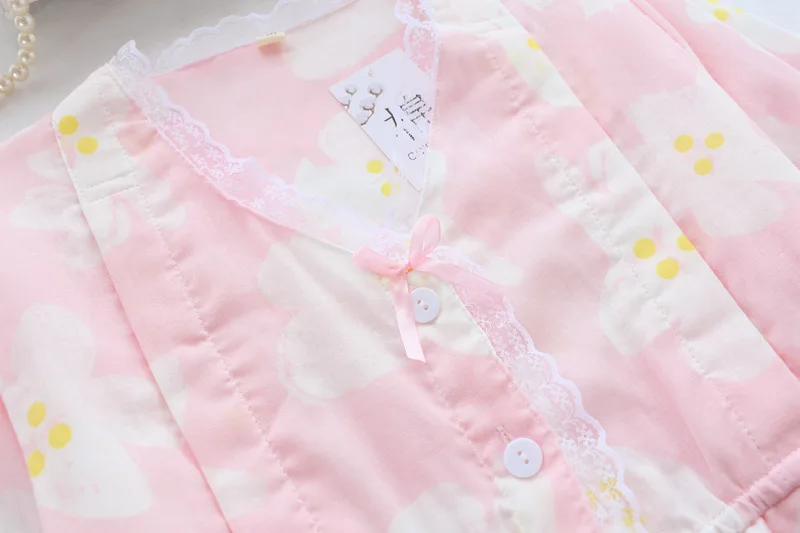 Хлопок марлевые женские пижамы с длинным рукавом v-образным вырезом Pijama Mujer Весна и Лето Свободное кимоно сексуальная пижама комплект для сна