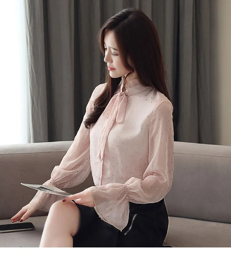 2019 New Fashion Women's Polka Dot Lace Up Bow Shirt Long Flare Sleeve Chiffon Button Stand Blouses Office Lady Hot SalesT91603Z |