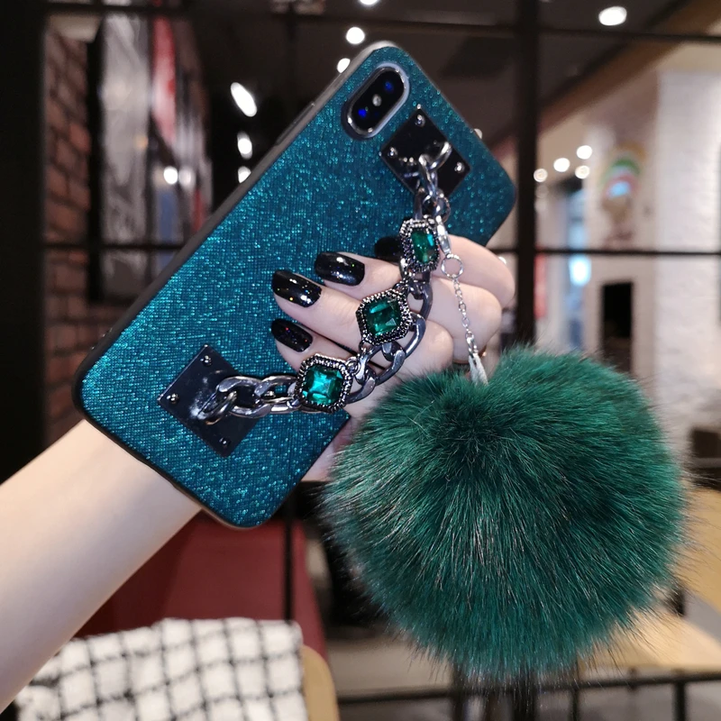 Роскошный чехол с браслетом цепочкой и бриллиантами для iphone XS MAX XR X пушистым