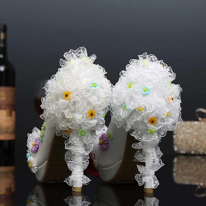 Туфли лодочки свадебные на высоком каблуке 12 см с кружевными цветами|flower bridal