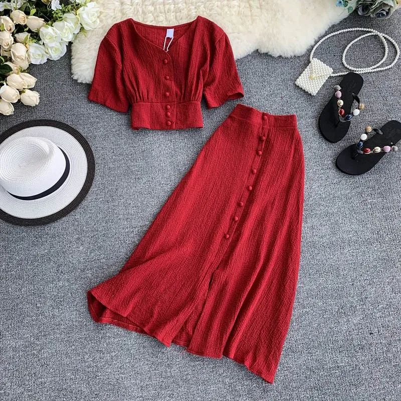 Summer Women Button Bodycon Crop Tops And Maxi Skirt Solid V-Neck Short Sleeve Casual Two Piece Set | Женская одежда