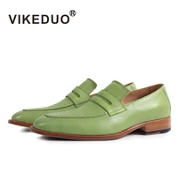 vikeduo handmade slip on loafers shoes mens genuine calf leather footwear patina plain green leather sole zapatos de hombre
