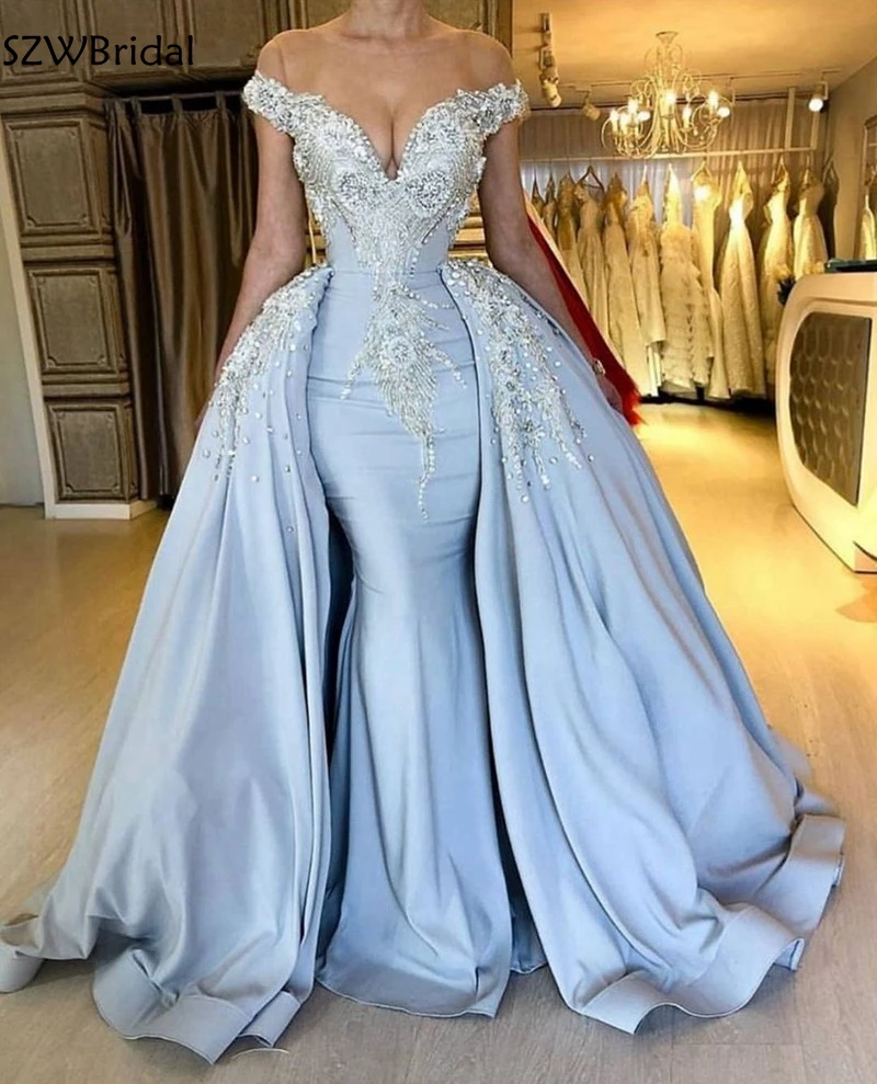 

New Arrival Satin Sky Blue Mermaid evening dresses 2023 Silver Crystals Beaded evening gowns abiye Formal dress party vestido