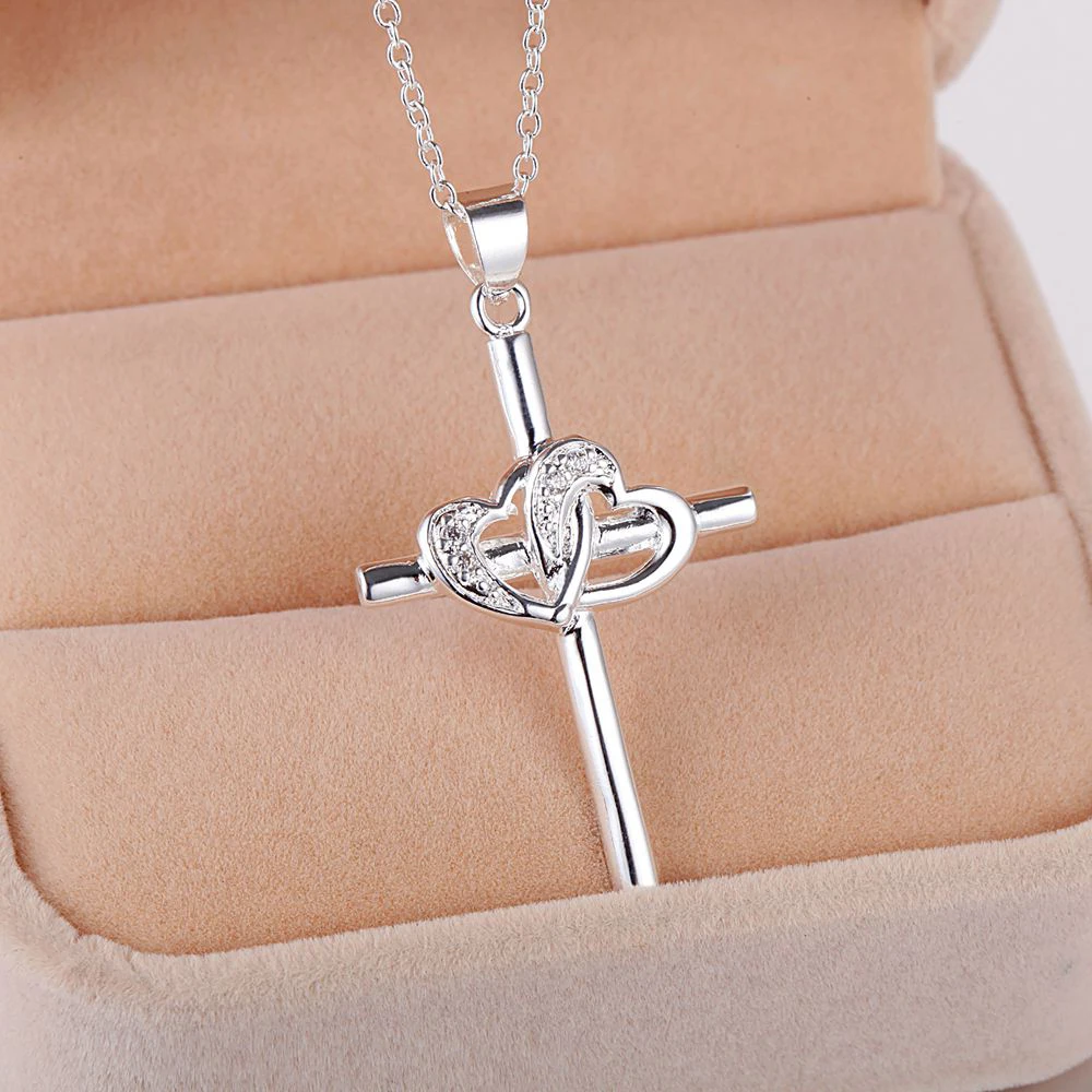 Женское ожерелье из серебра 925 пробы с подвеской крестом|heart necklace|necklace doublechain necklace
